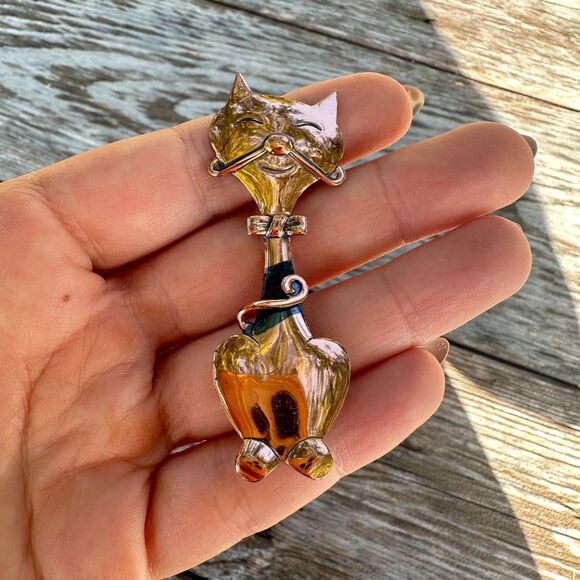 Vintage Modernist Copper Cat Pin Brooch Tall Modernist Smiling Vintage Cat Pin - Picture 3 of 4